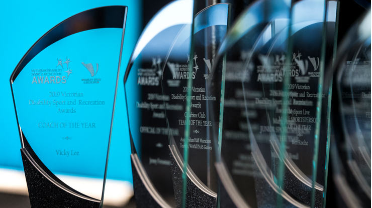 A close up of various VDSR Award trophies. The trophies are transparent with a white DSR Awards logo at the top and white text below, stating the award category and award recipient. 
