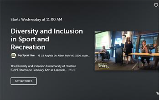 Diversity and Inclusion in Sport and Recreation Community of Practice: Feb 12th 2020 flyer