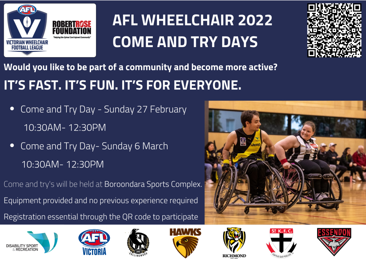 This flyer contains information about the come and try days which are written below, there is a picture to the side of a man and woman playing afl wheelchair 