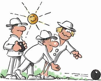 Cartoon of 3 white people playing lawn bowls happily 