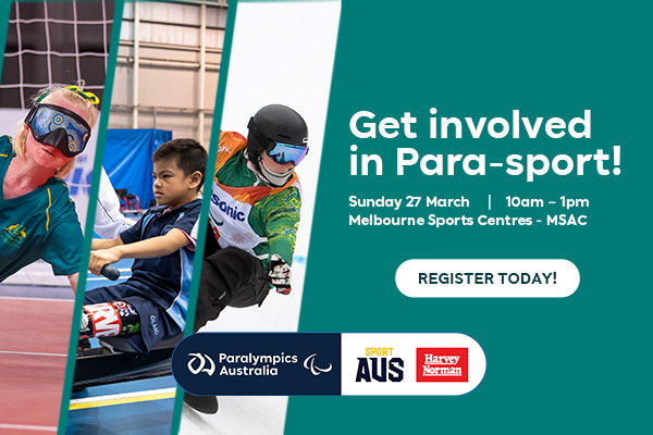 Pictured is a lady playing goal ball, a child using a rowing machine with a prosthetic leg and a person skiing, next to the images is the text: " Get involved in Para-sport! Sunday 10am-1pm- MSAC